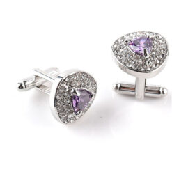 Khuy măng set mặt tam giác màu bạc đính đá màu tím