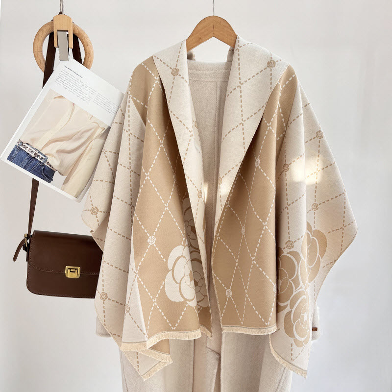 Khăn dạ nữ cao cấp WD-KDN001 họa tiết hoa trà kèm túi và hộp làm quà tặng